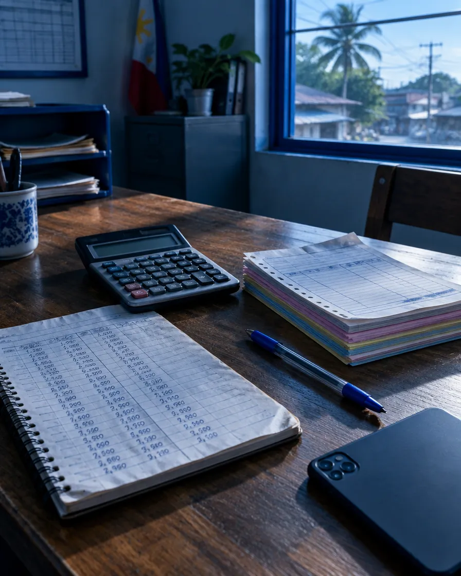 A notebook of handwritten figures, a calculator and a stack of receipts on an office desk