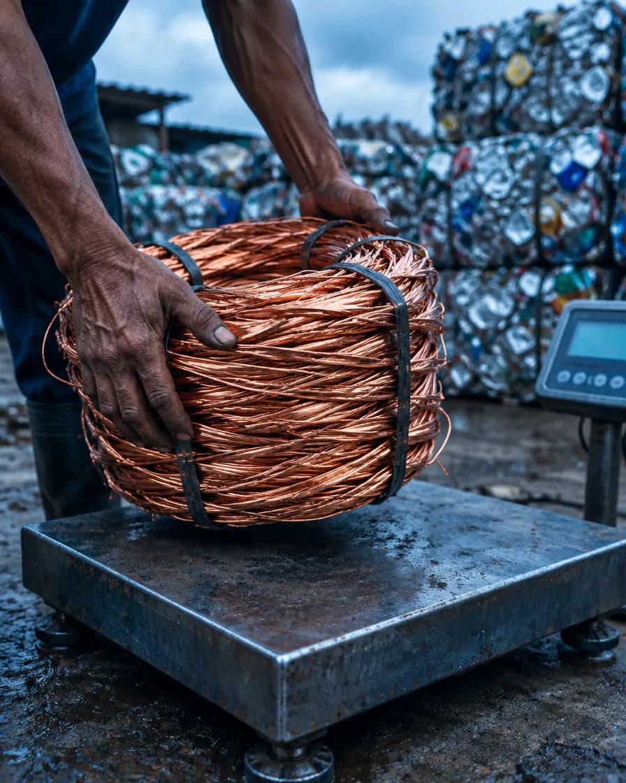 Hands lifting a coil of copper wire onto a platform scale, baled cans behind